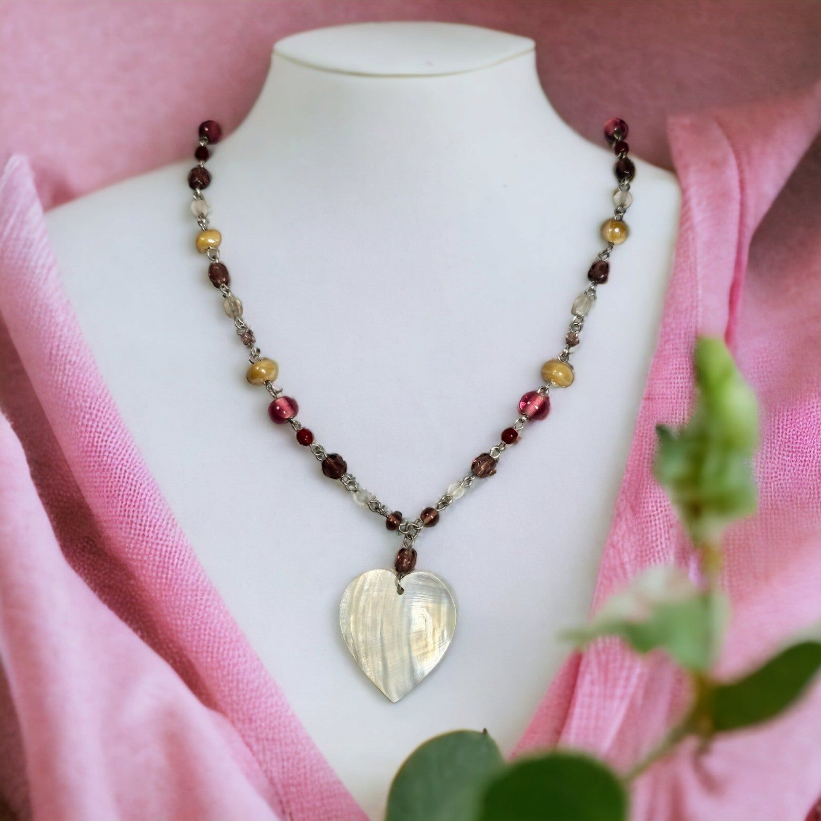 Heart Shell Necklace Glass Bead Pink Faceted Plum Drop Pendant Feminine Romantic